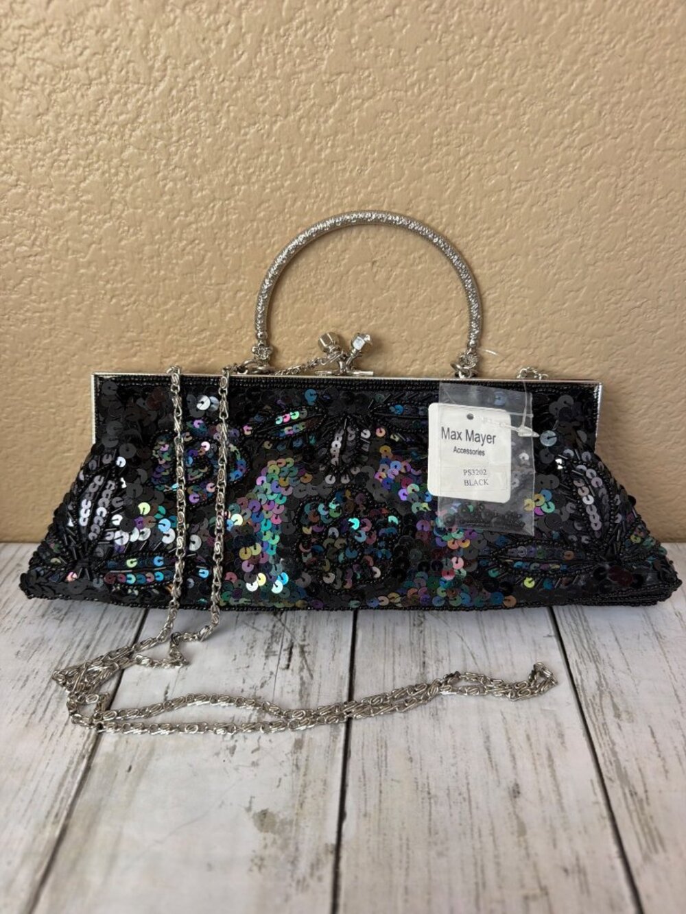 Y2K Max Mayer Black Beaded Sequin Evening Bag Clutch Kiss Lock Chain Strap NEW